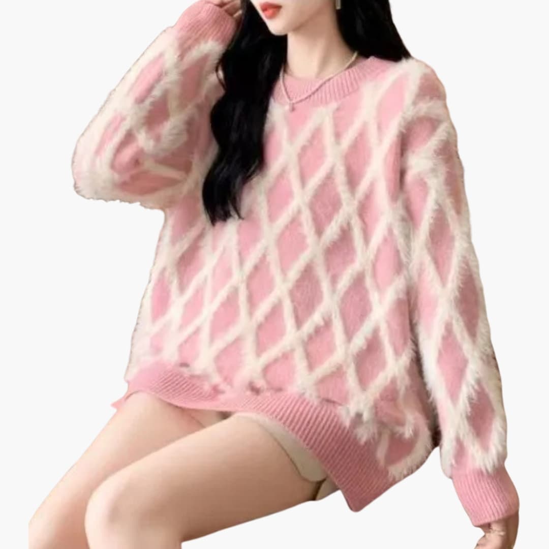 Pull rose pour femme à enfiler avec motif losange