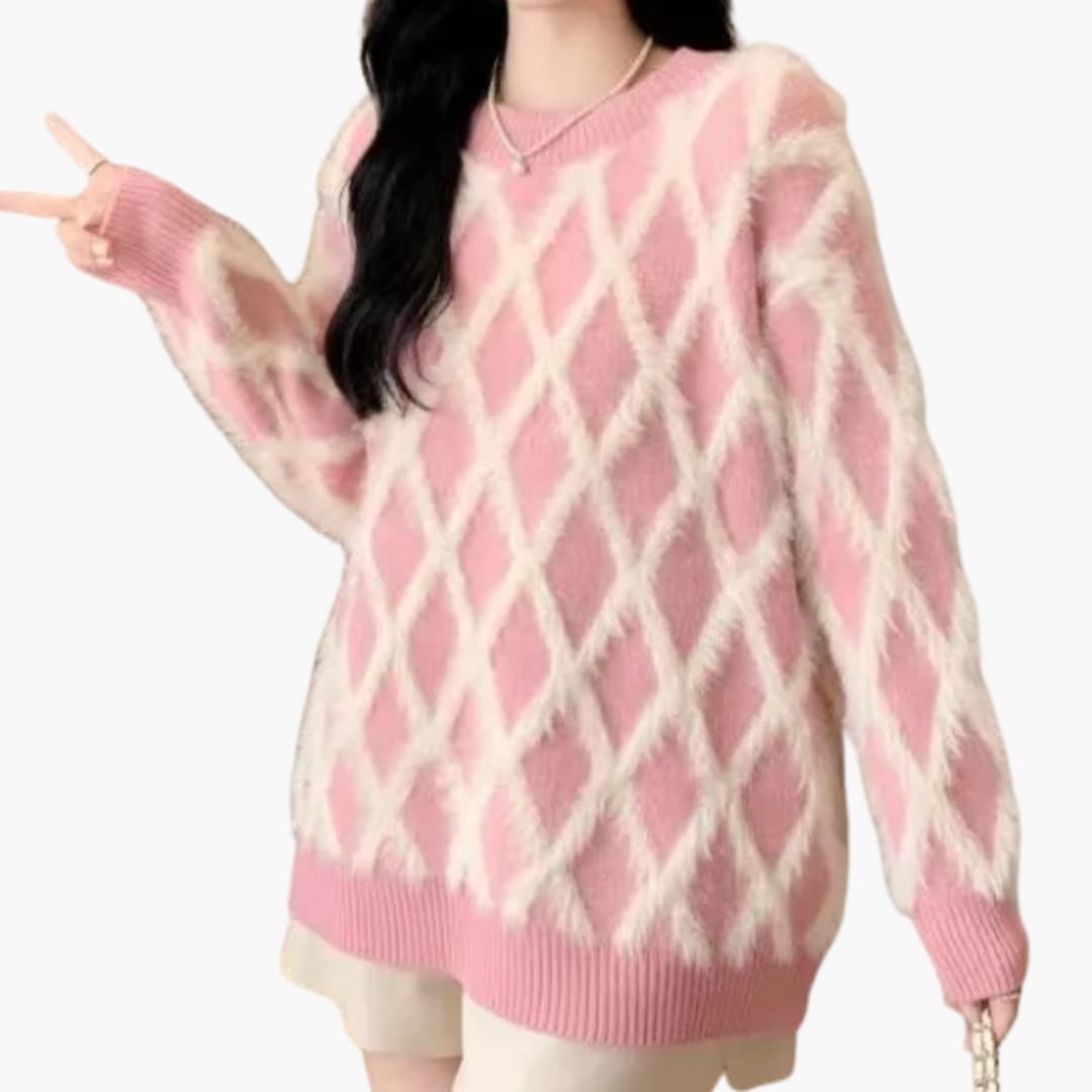 Pull rose pour femme à enfiler avec motif losange