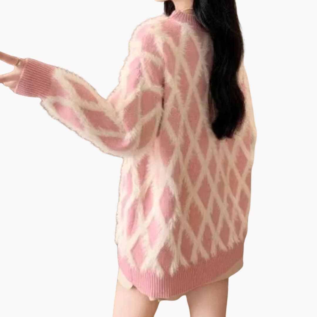 Pull rose pour femme à enfiler avec motif losange