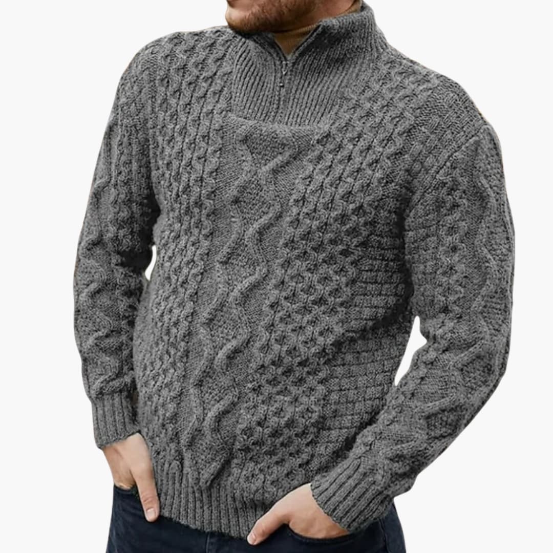 Pull torsadé pour homme avec demi zip et col côtelé