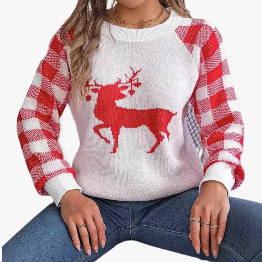 Pull tricoté femme à col rond avec motif renne