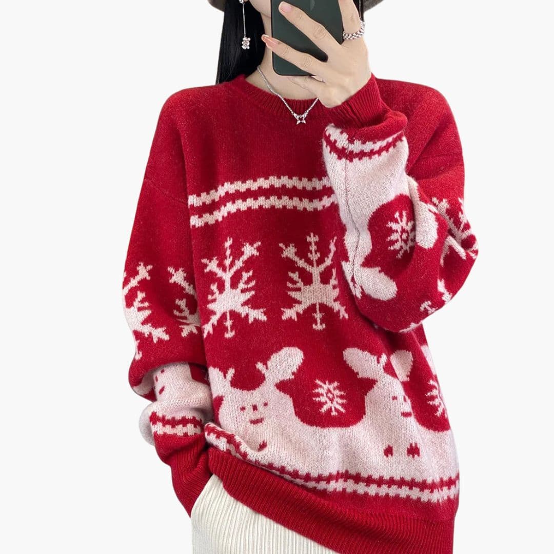 Pull femme en maille à col rond et motif renne