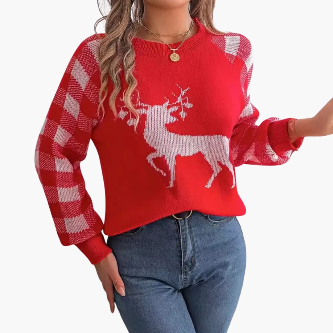 Pull tricoté femme à col rond avec motif renne