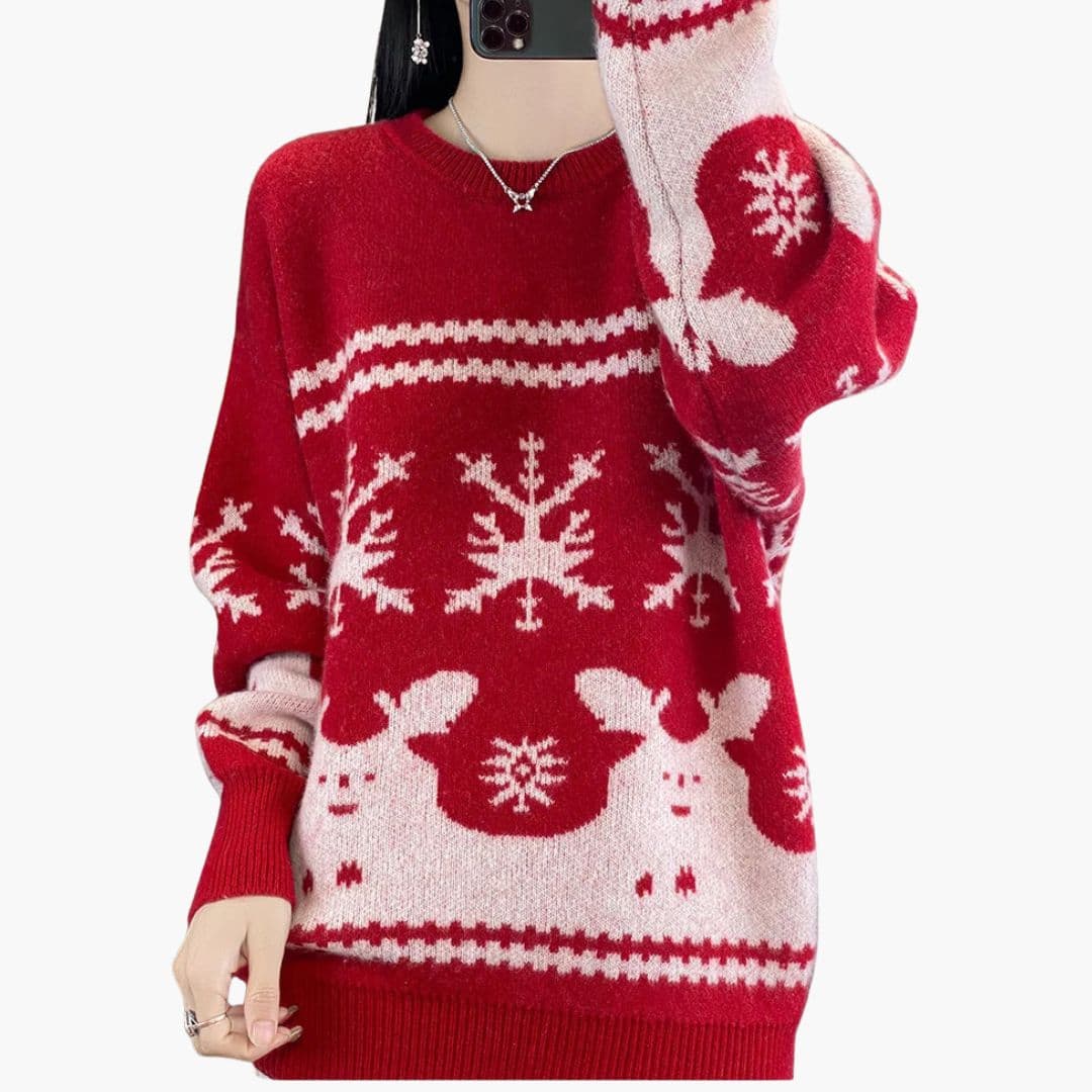 Pull femme en maille à col rond et motif renne