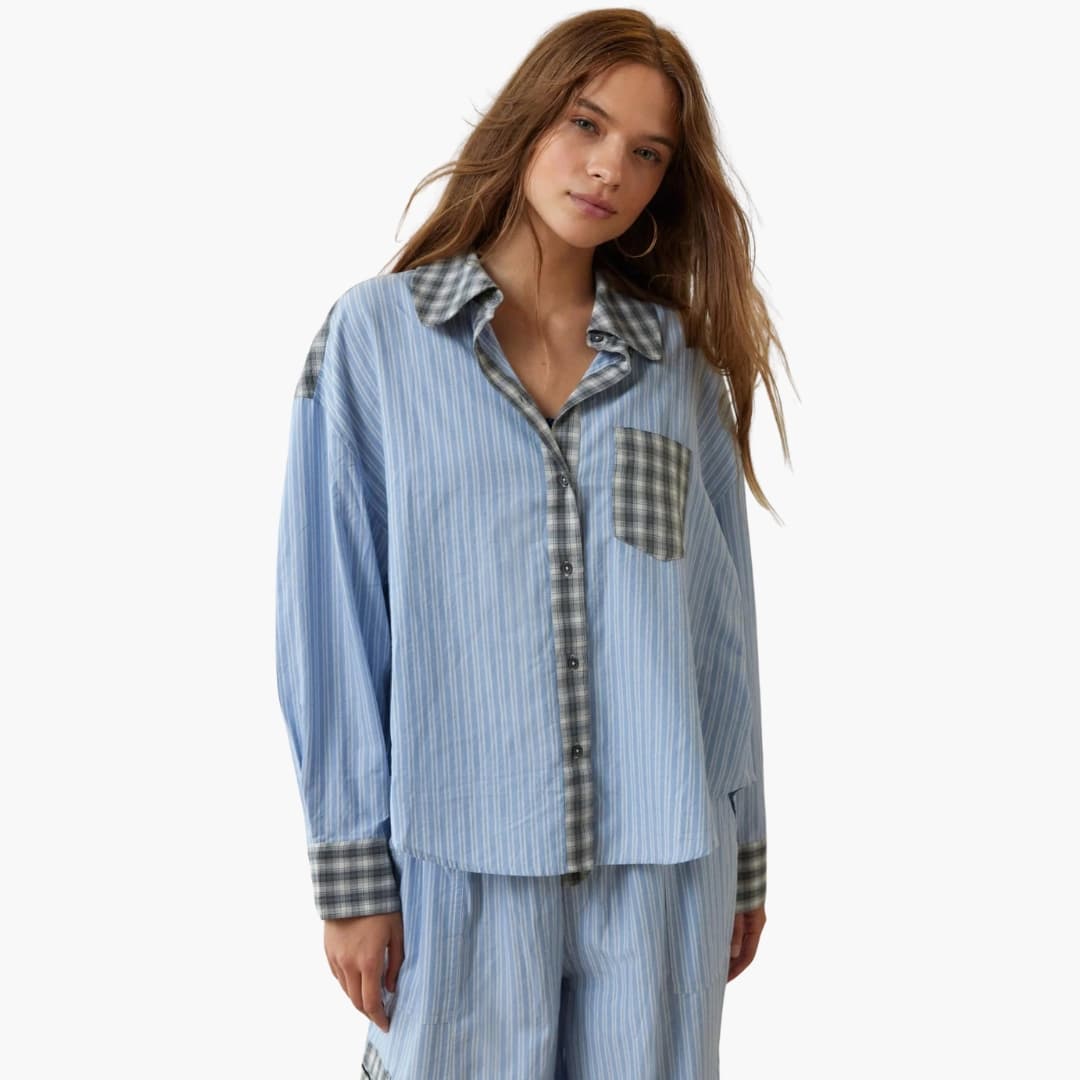 Pyjama femme à carreaux avec col contrasté et poche avant