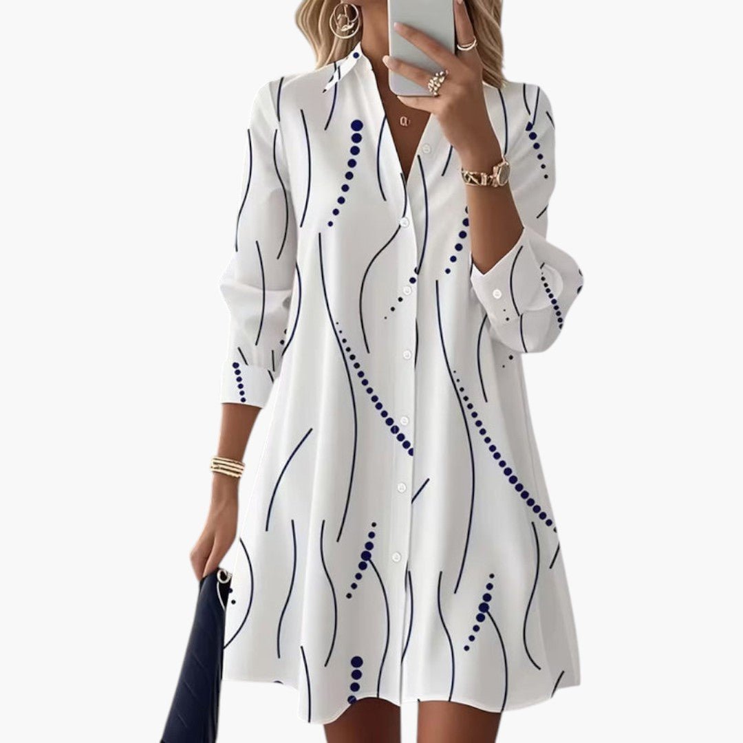 Women's Shirt Dress with Wavy Collar and Button Closure