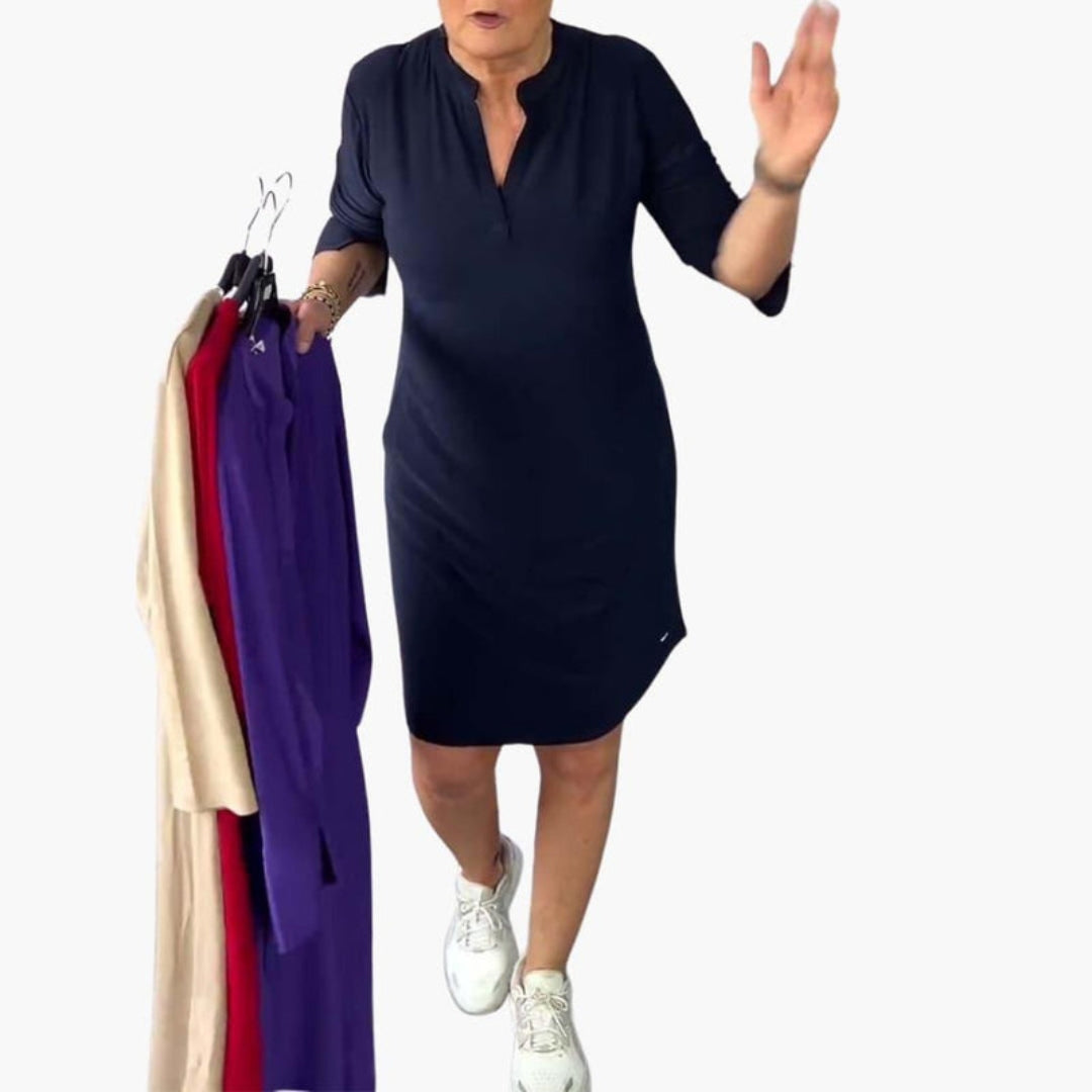 Women's Dress with V-Neck, Pockets, and Short Sleeves