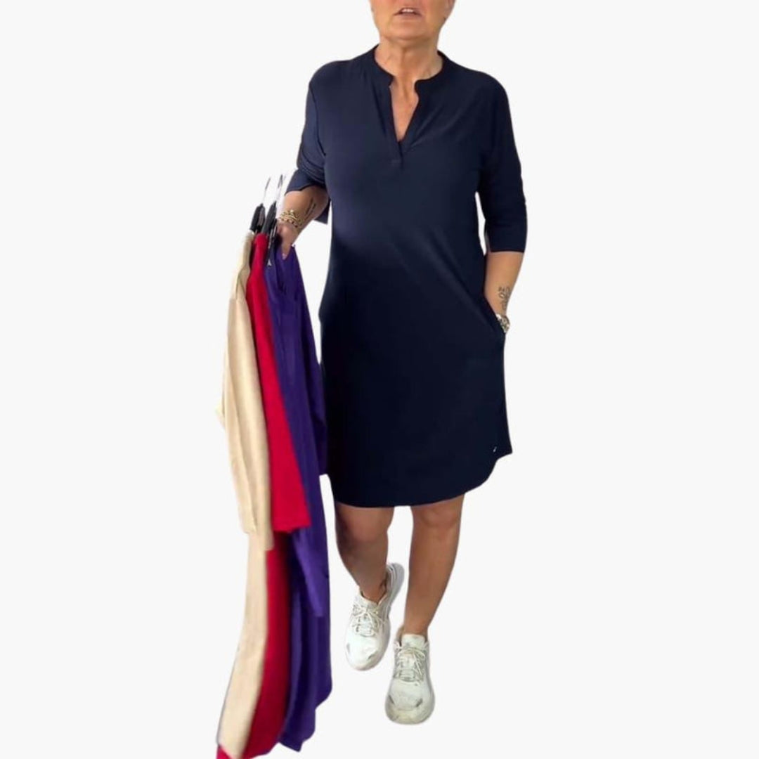 Women's Dress with V-Neck, Pockets, and Short Sleeves