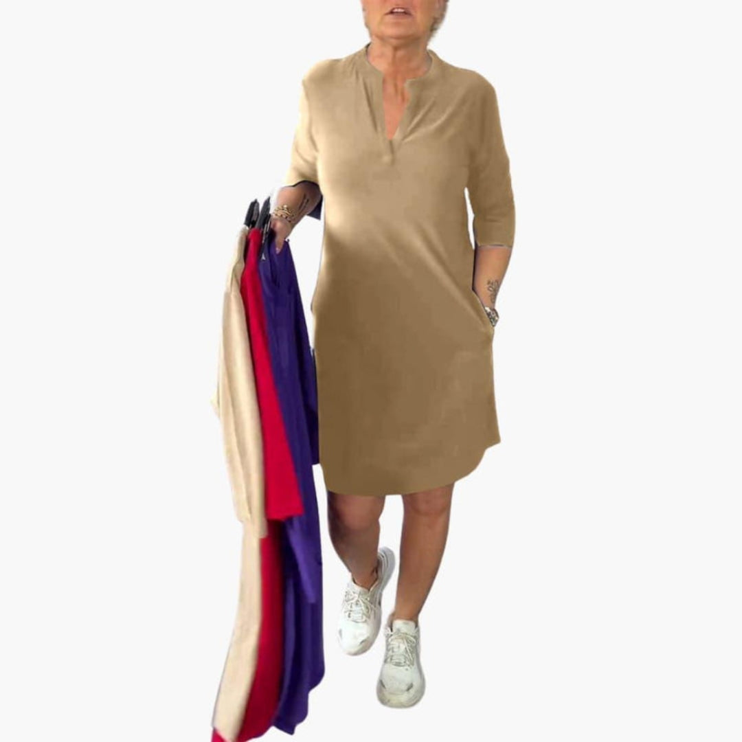 Women's Dress with V-Neck, Pockets, and Short Sleeves