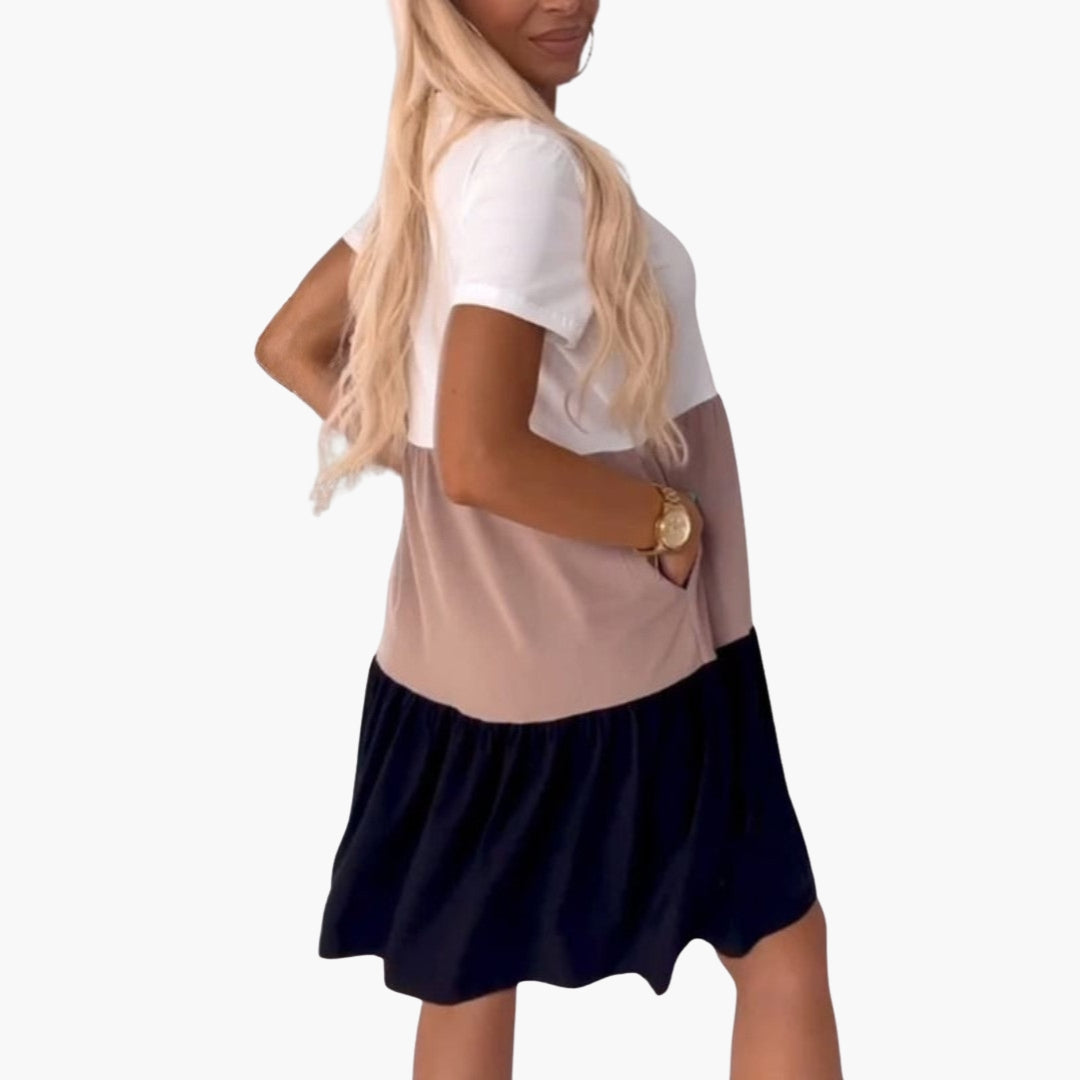 Vestito Donna a Blocchi di Colore con Maniche Corte e Tasche
