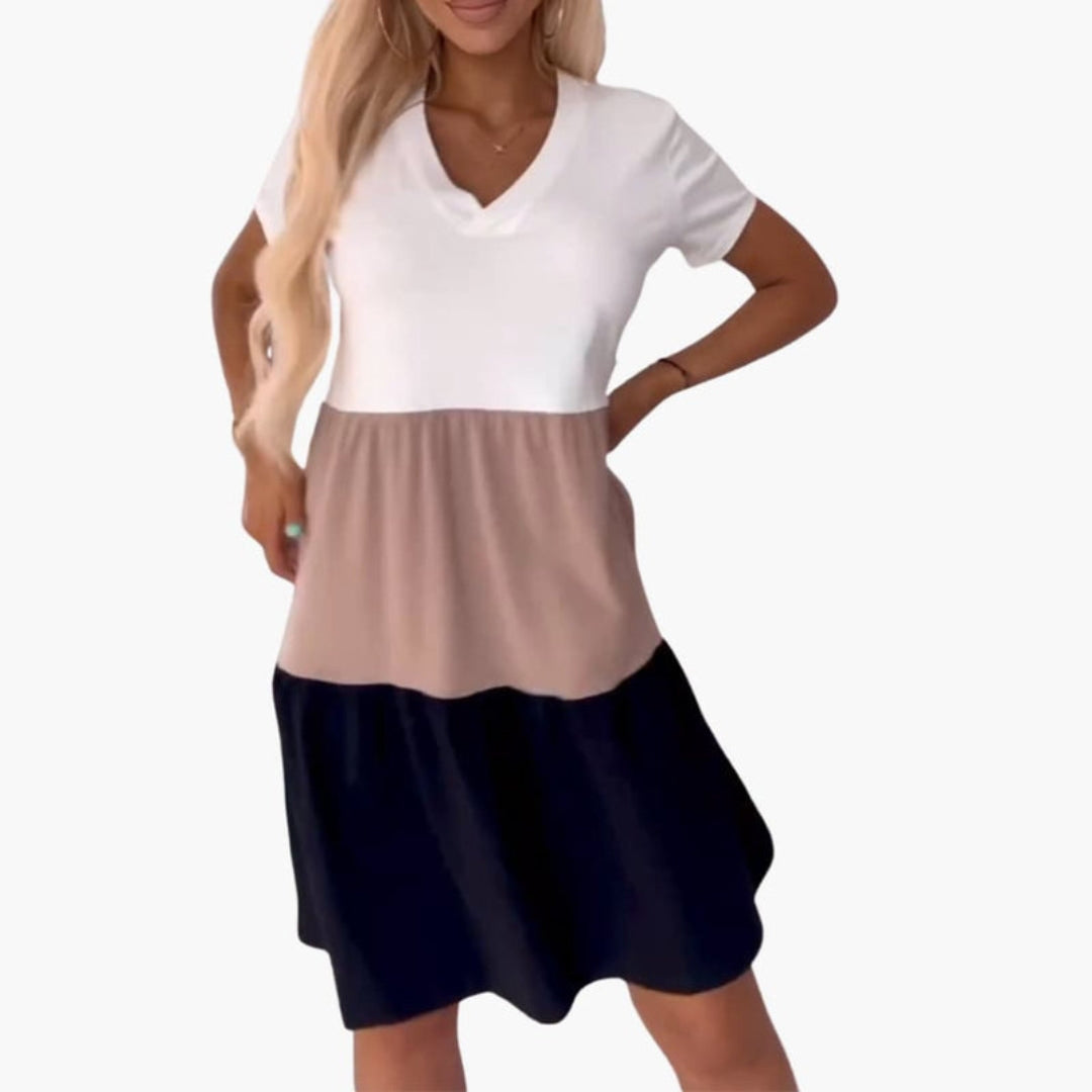 Vestito Donna a Blocchi di Colore con Maniche Corte e Tasche
