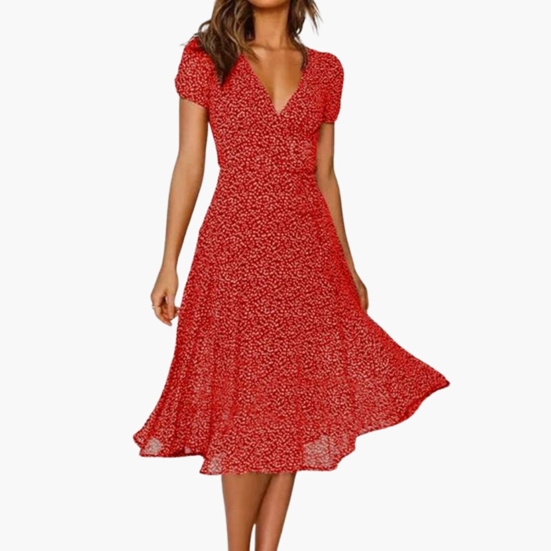 Vestido Mujer Corte Acampanado Cuello en V con Dobladillo Fluido