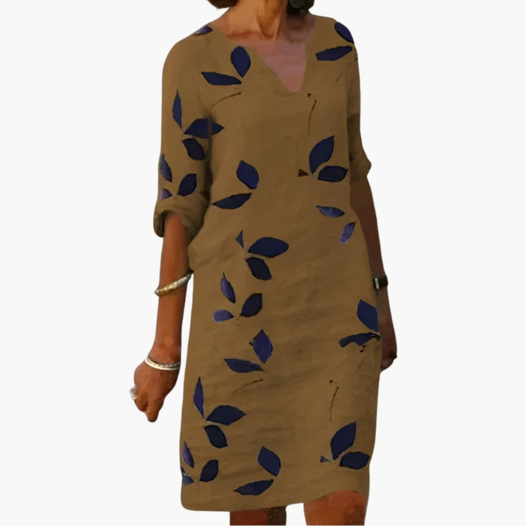 Robe Femme avec Col en V et Imprimé Feuilles