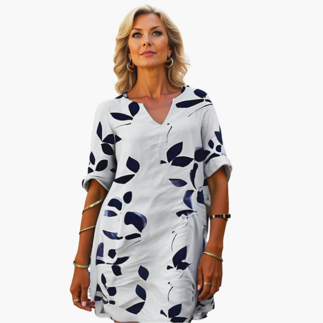 Robe Femme avec Col en V et Imprimé Feuilles