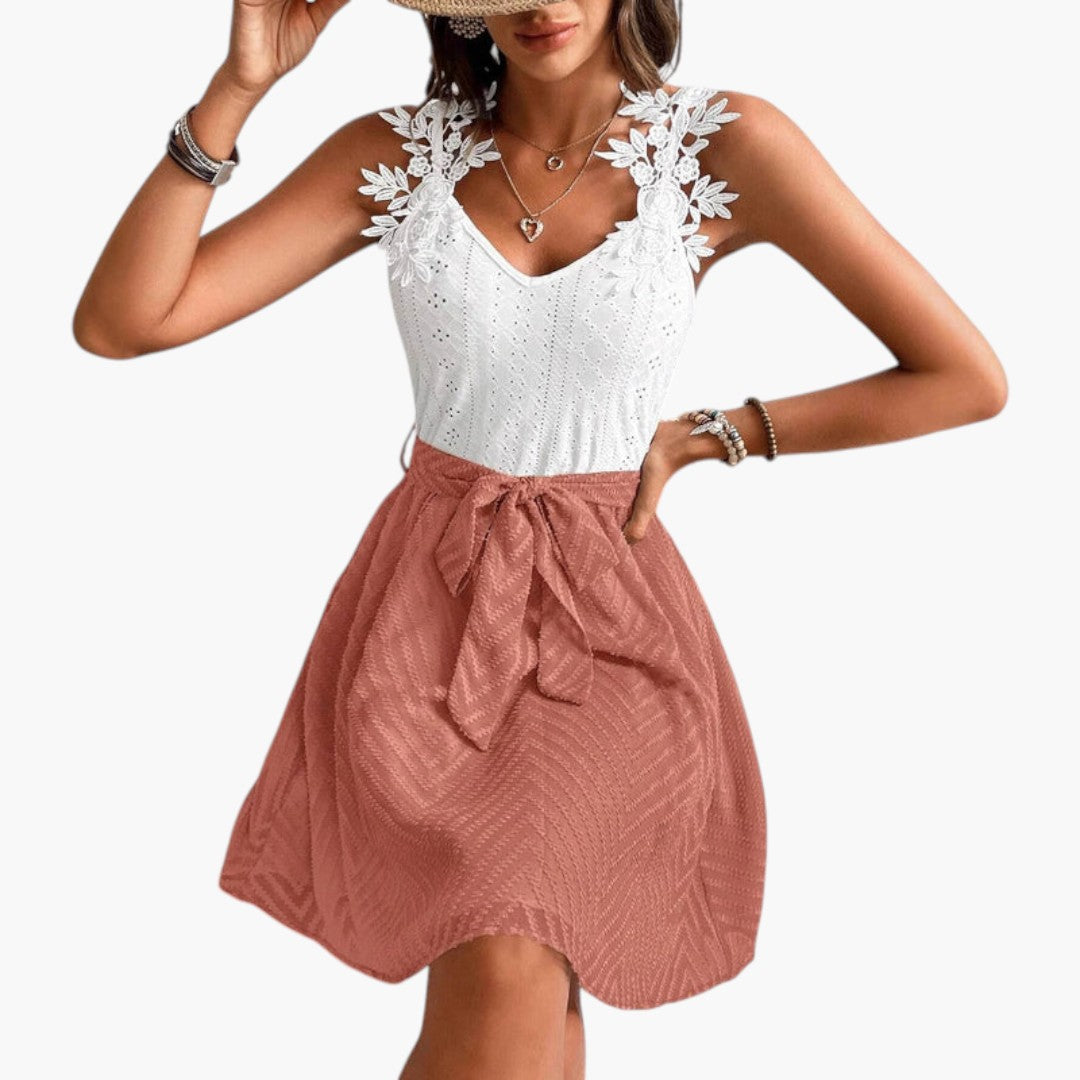 Women's Dress with Lace Top and Tie Waist