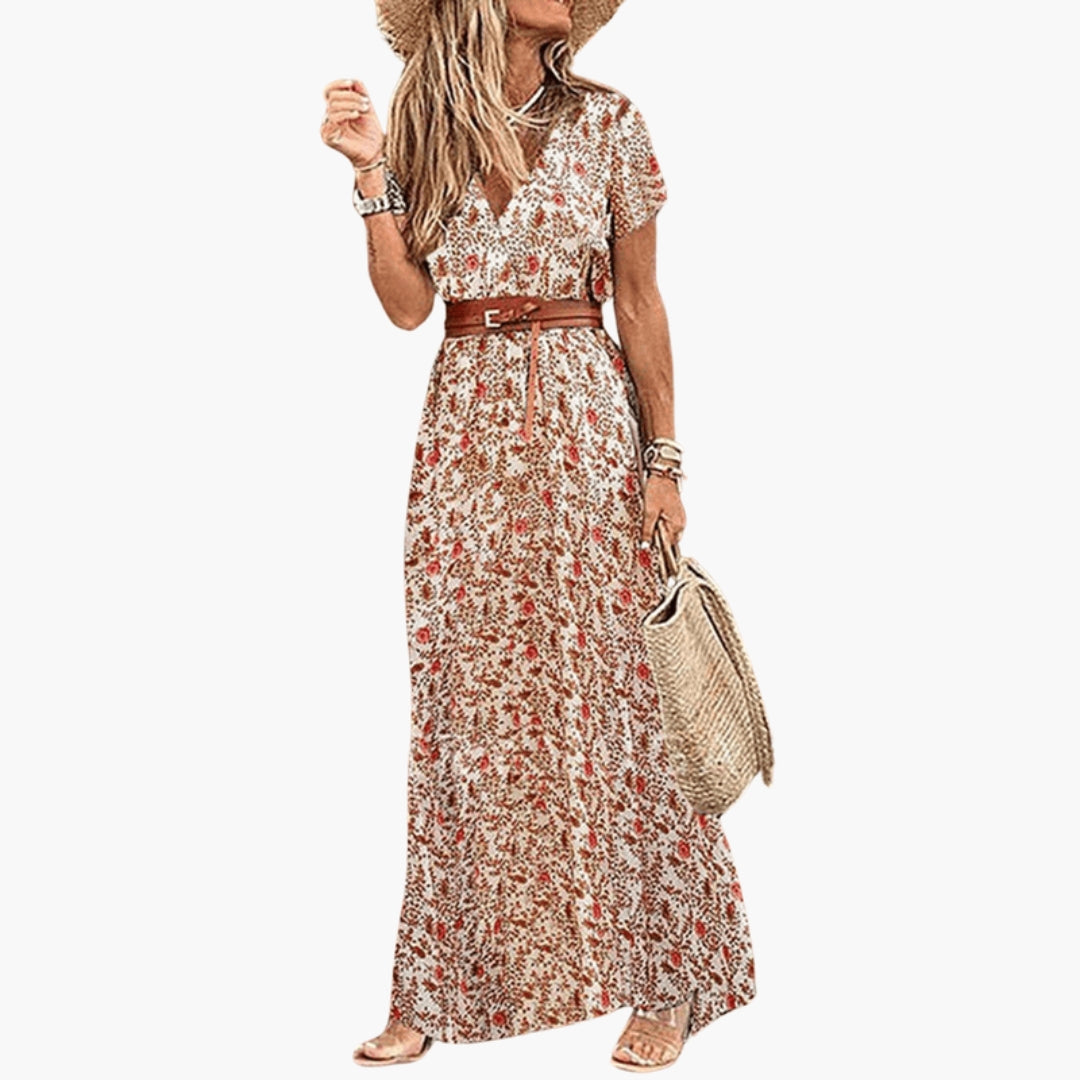 Robe Longue Femme Col V avec Motif Cachemire