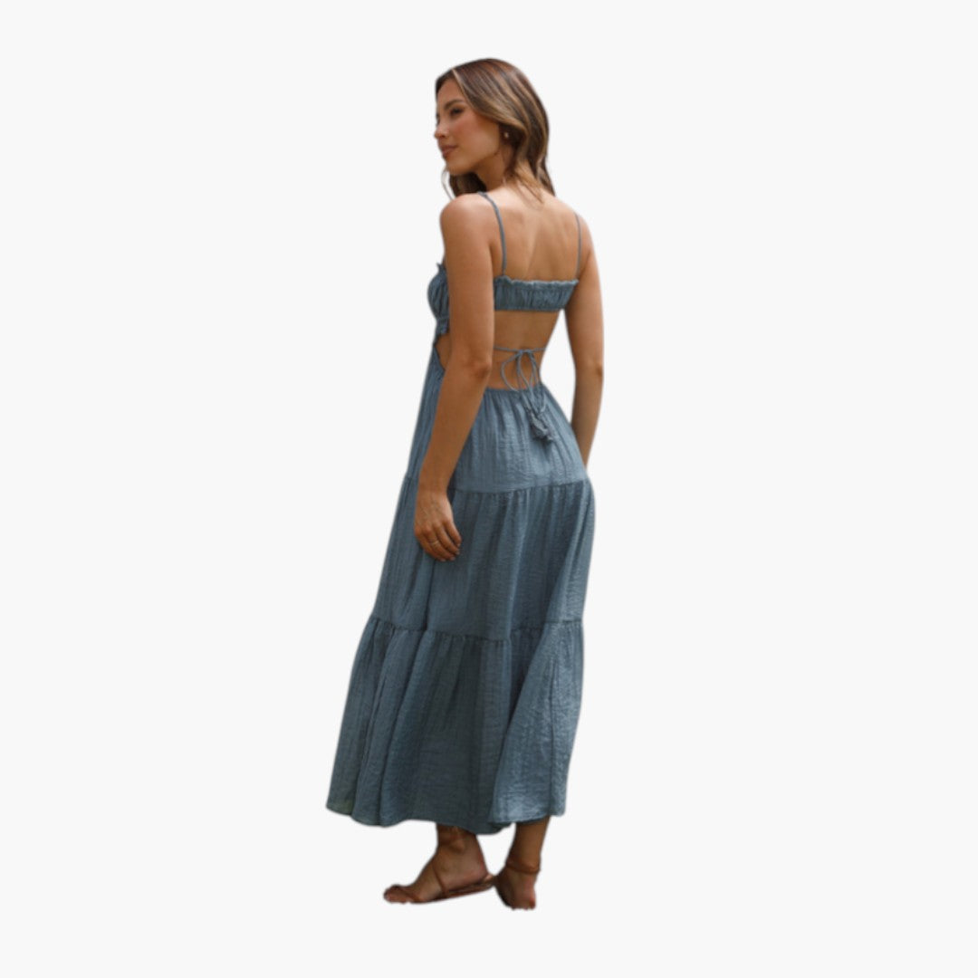 Abito lungo da donna con spalline e gonna a balze sovrapposte