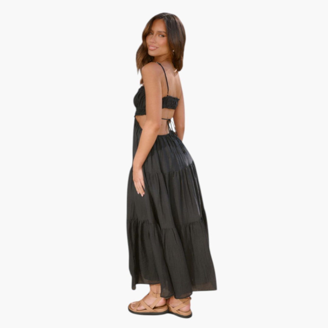 Abito lungo da donna con spalline e gonna a balze sovrapposte