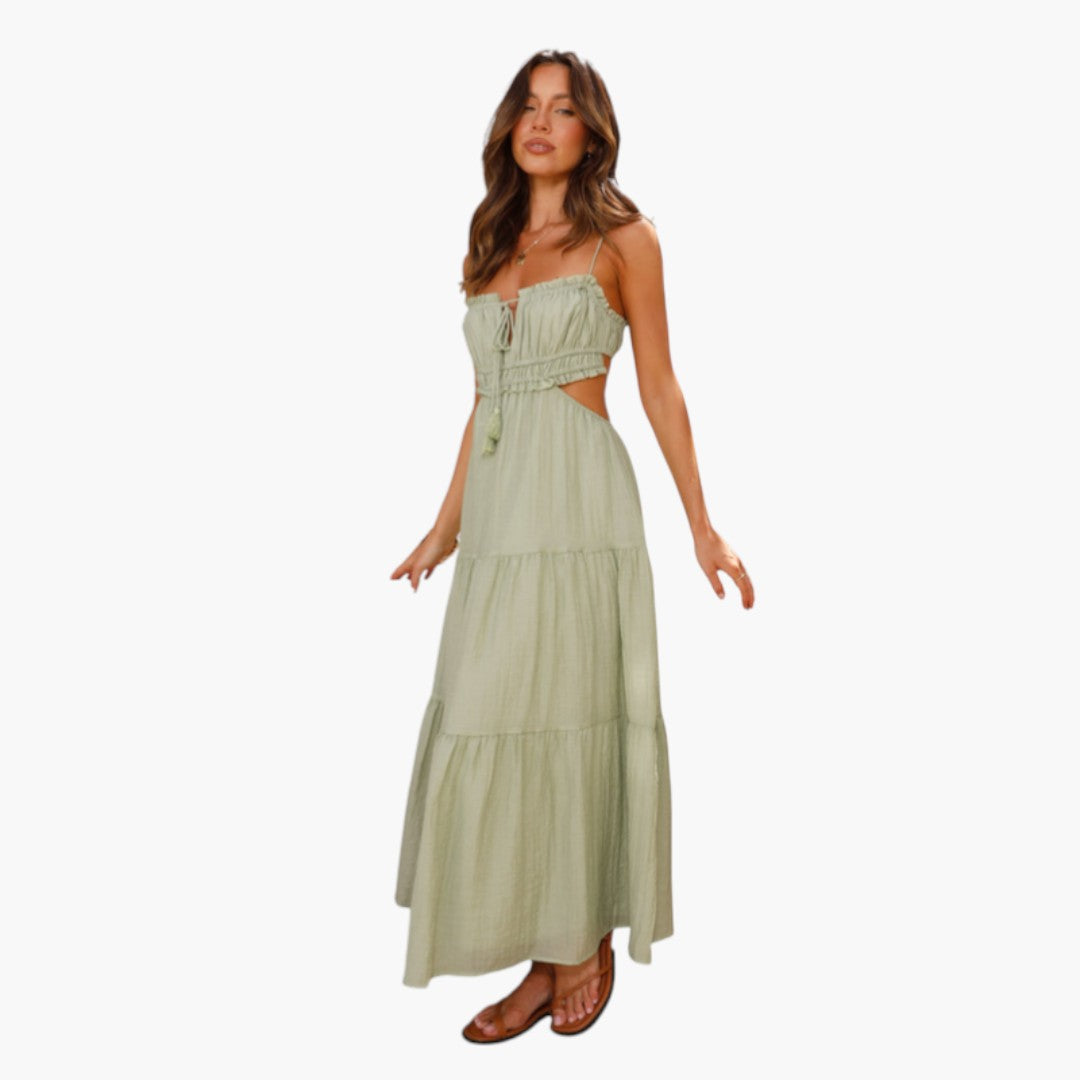 Abito lungo da donna con spalline e gonna a balze sovrapposte