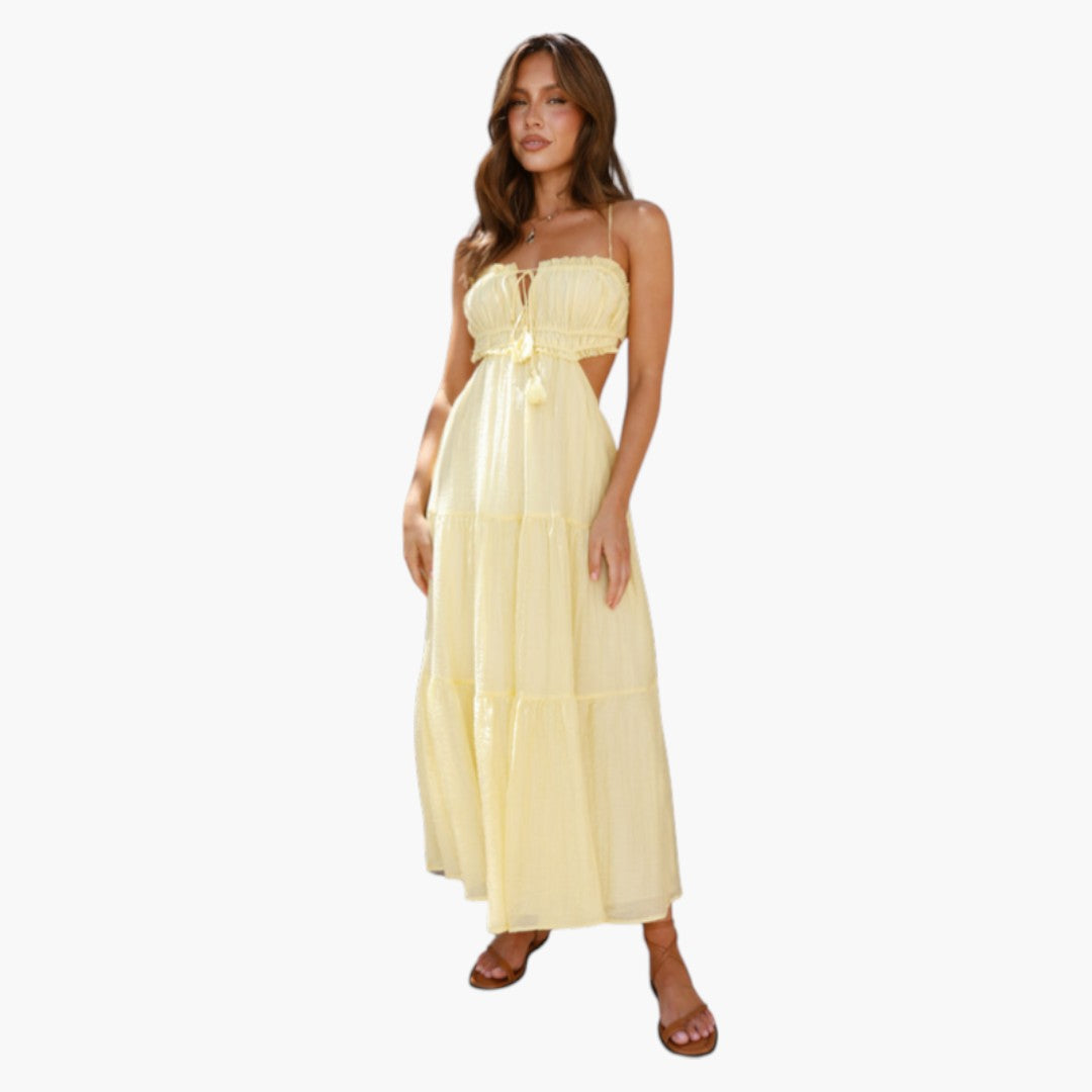 Abito lungo da donna con spalline e gonna a balze sovrapposte