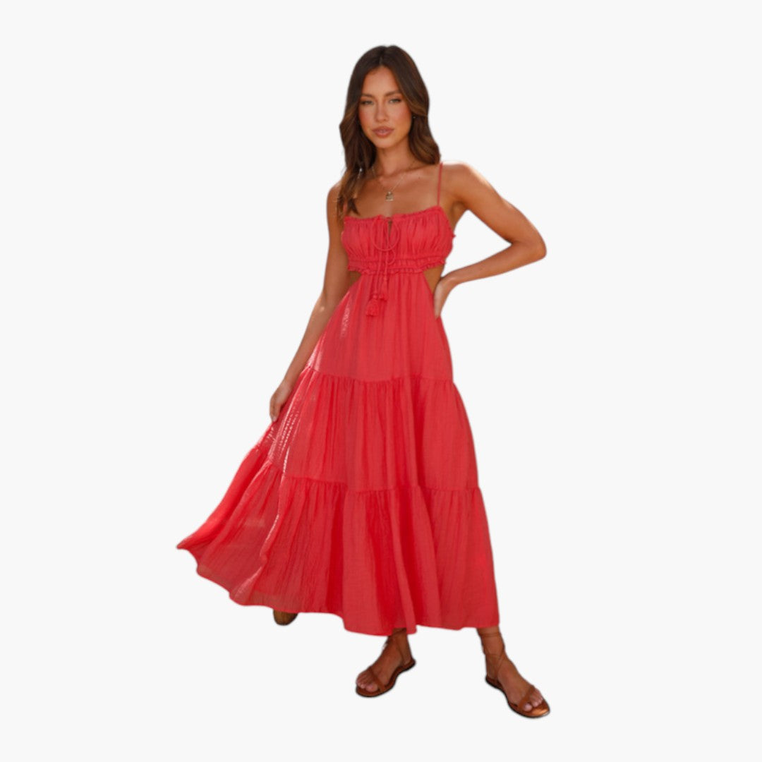 Abito lungo da donna con spalline e gonna a balze sovrapposte