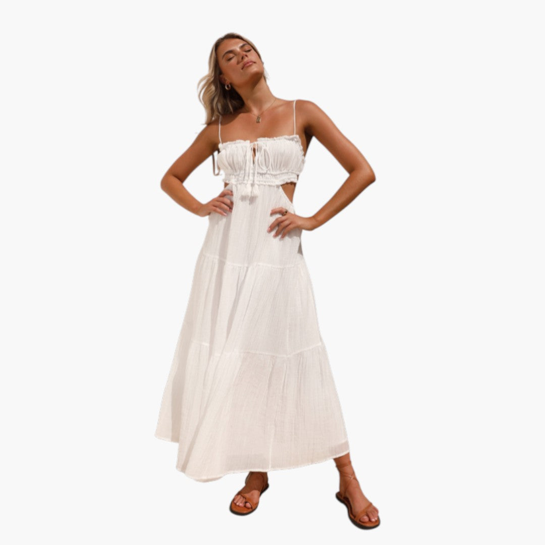 Abito lungo da donna con spalline e gonna a balze sovrapposte