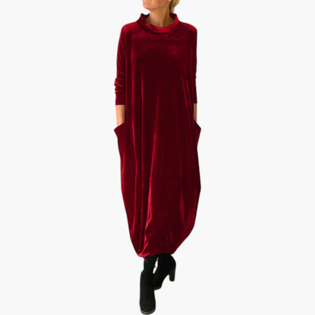 Women's Maxi Dress with High Collar and Long Sleeves