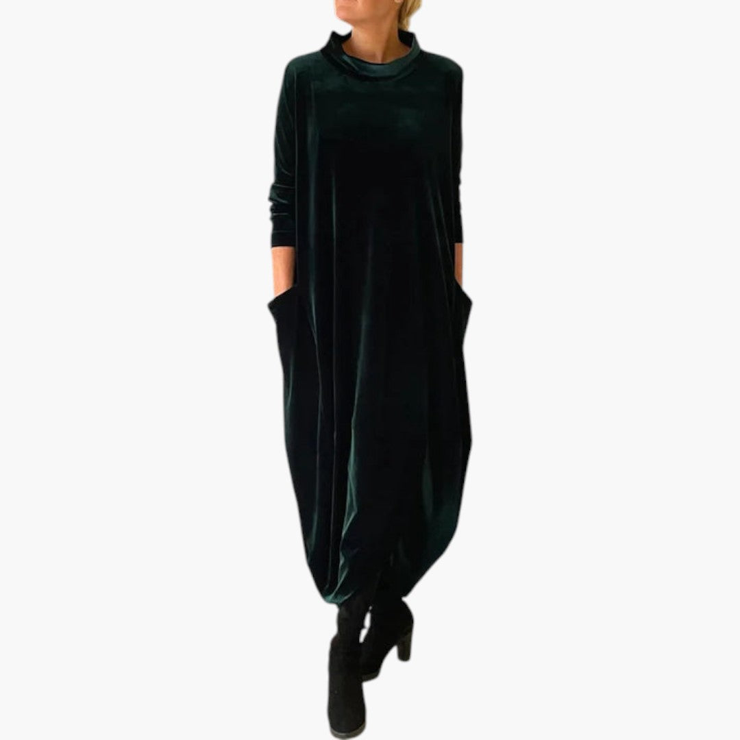 Women's Maxi Dress with High Collar and Long Sleeves