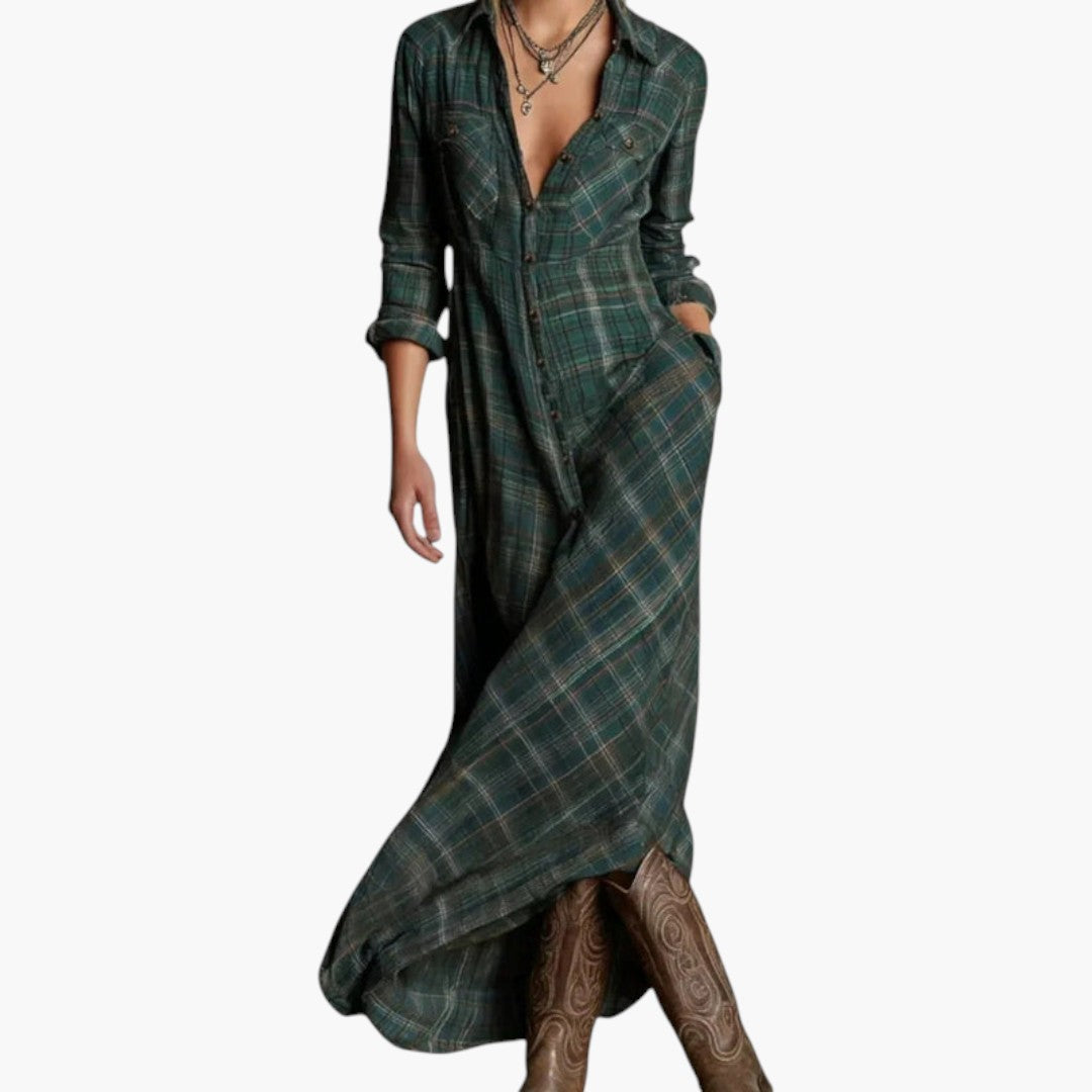 Maxikleid für Damen mit durchgehender Knopfleiste und Karomuster