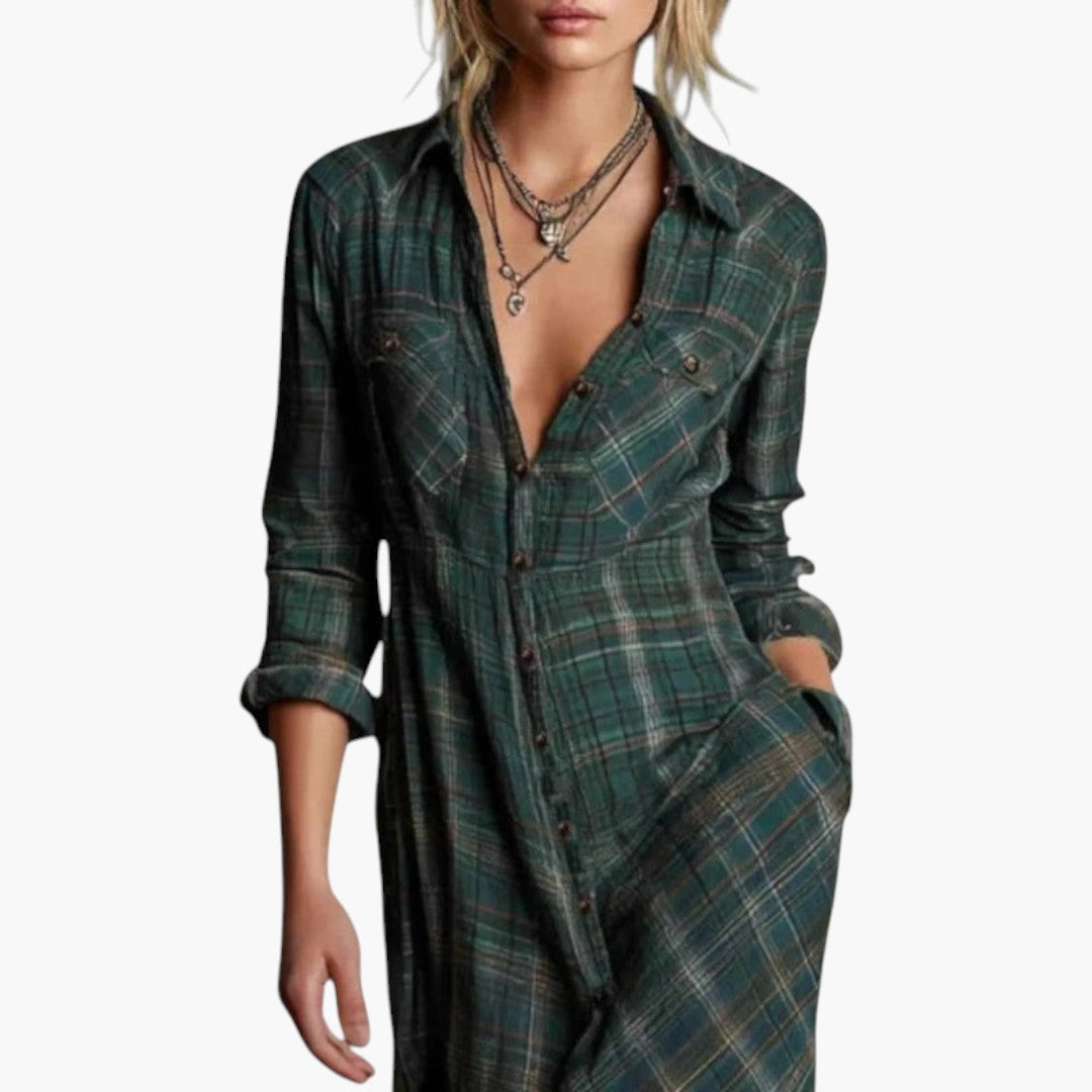 Maxikleid für Damen mit durchgehender Knopfleiste und Karomuster