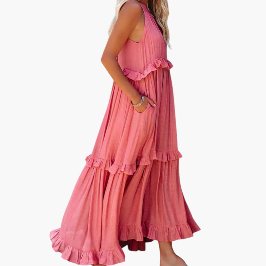Abito lungo da donna con scollo rotondo e balze a strati