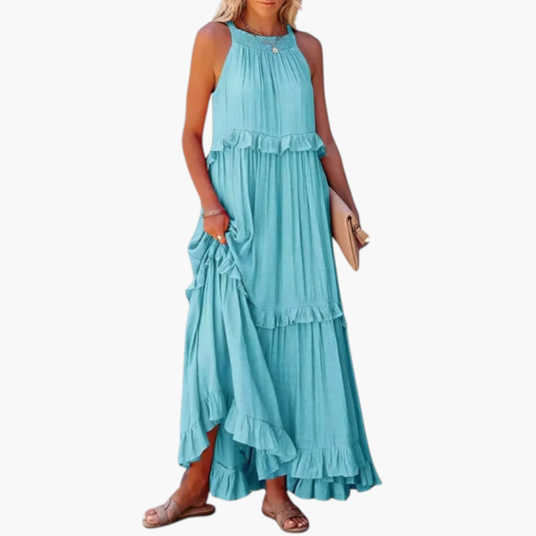 Abito lungo da donna con scollo rotondo e balze a strati