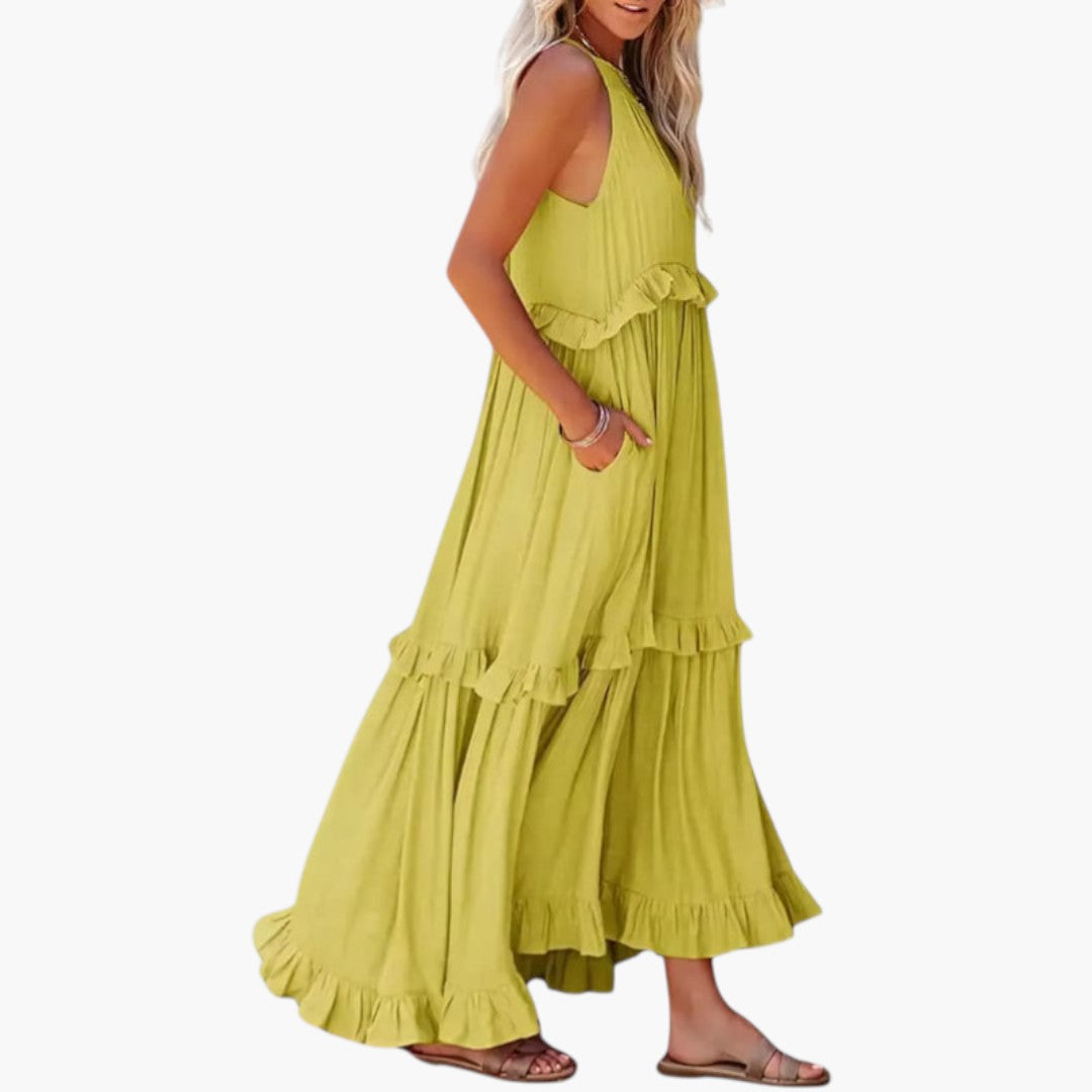 Abito lungo da donna con scollo rotondo e balze a strati