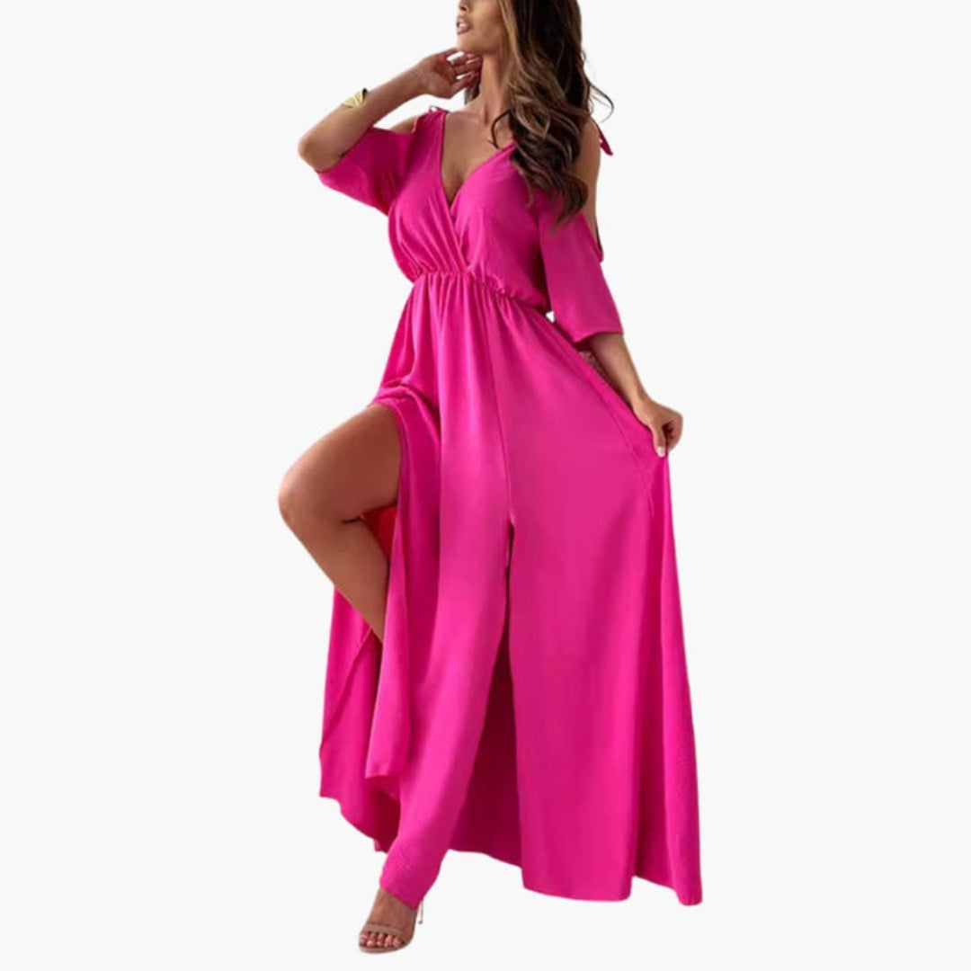 Abito lungo donna con scollo a V e spacco laterale
