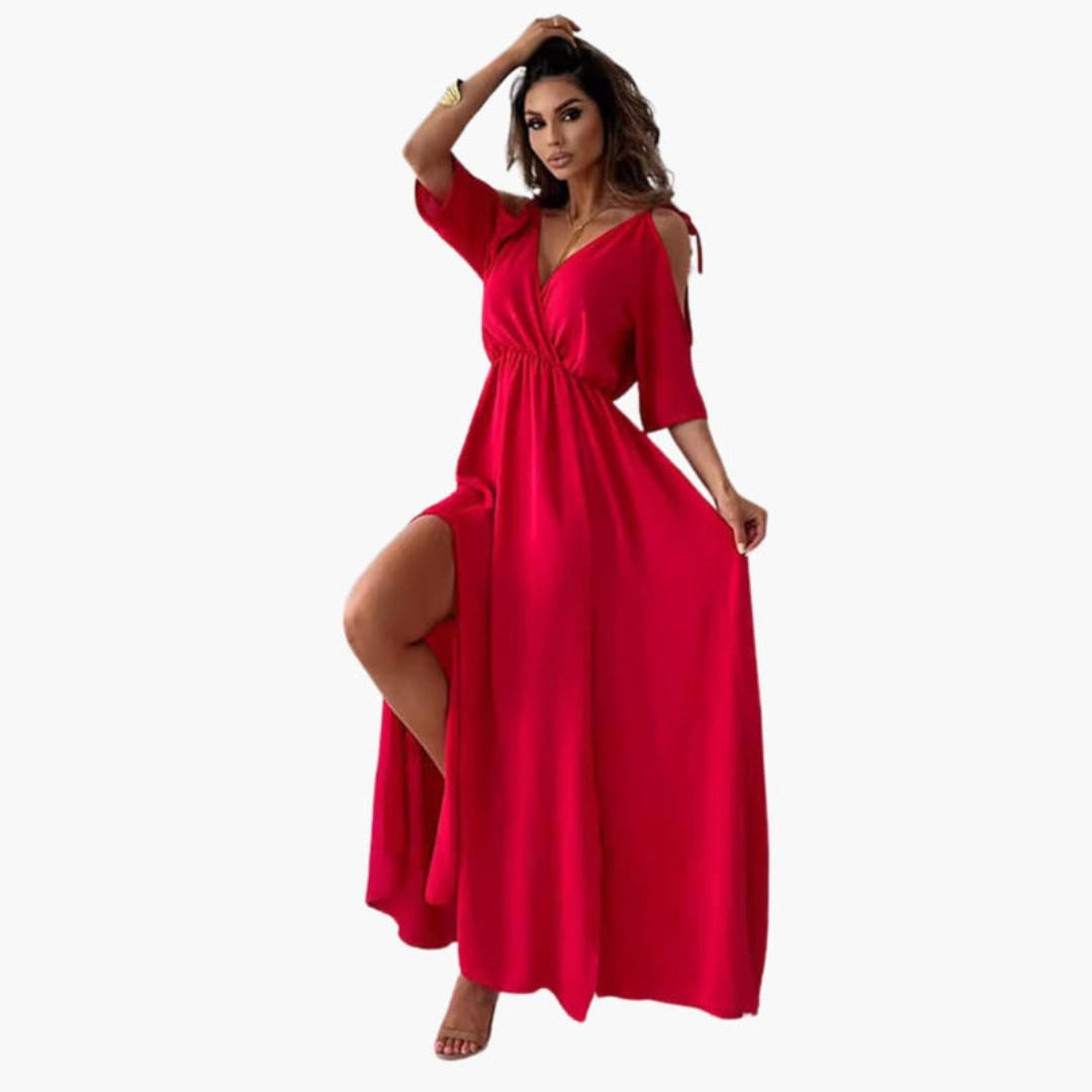 Abito lungo donna con scollo a V e spacco laterale