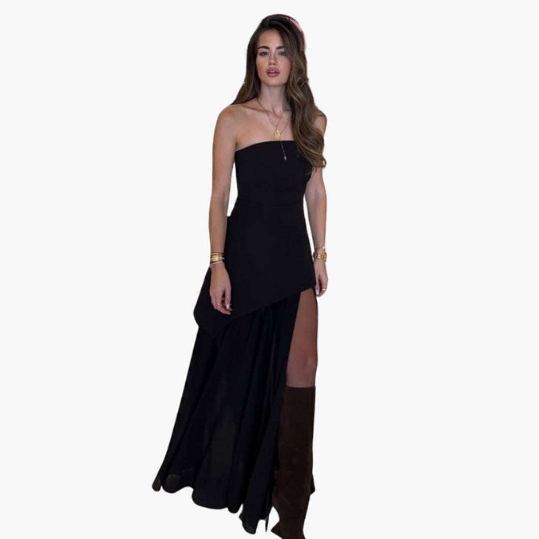 Vestido Comprido Mulher com Decote e Fenda Lateral