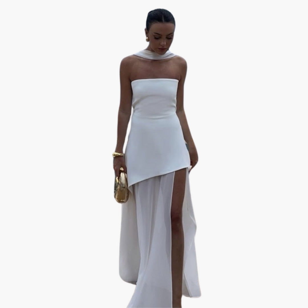 Vestido Comprido Mulher com Decote e Fenda Lateral