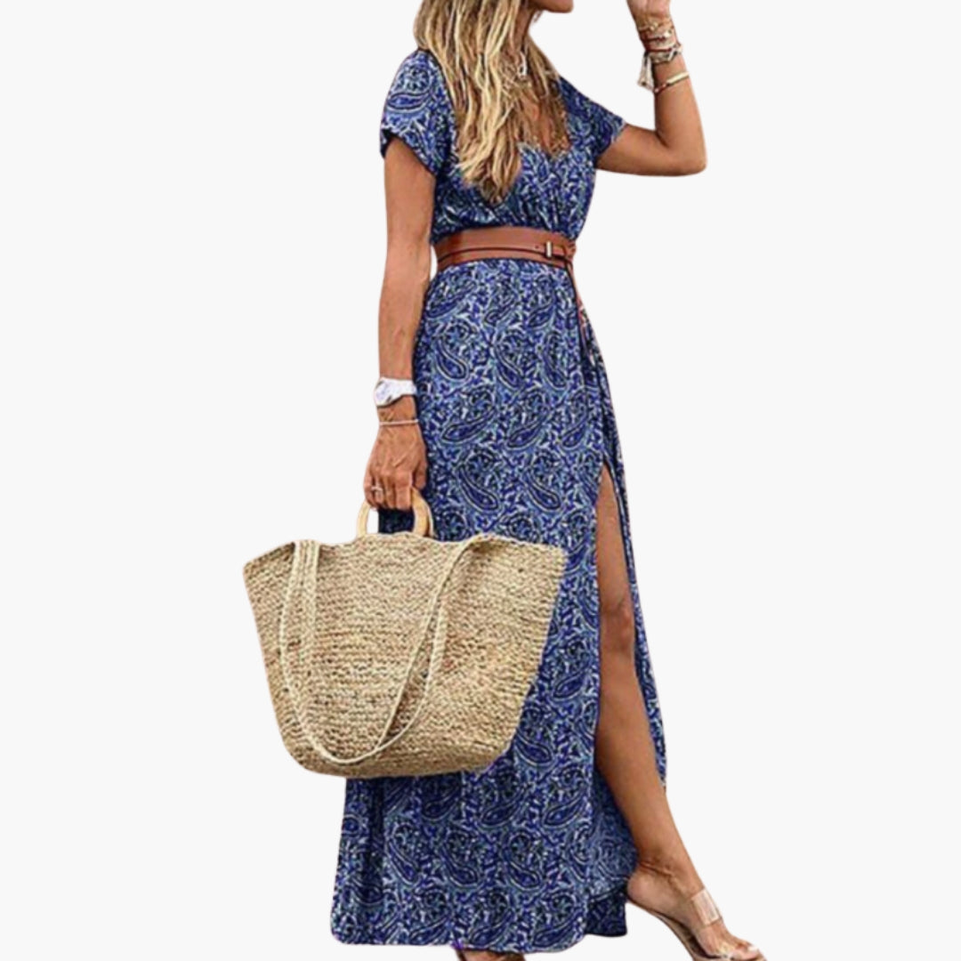 Women's Maxi Dress with V-Neckline and Belt