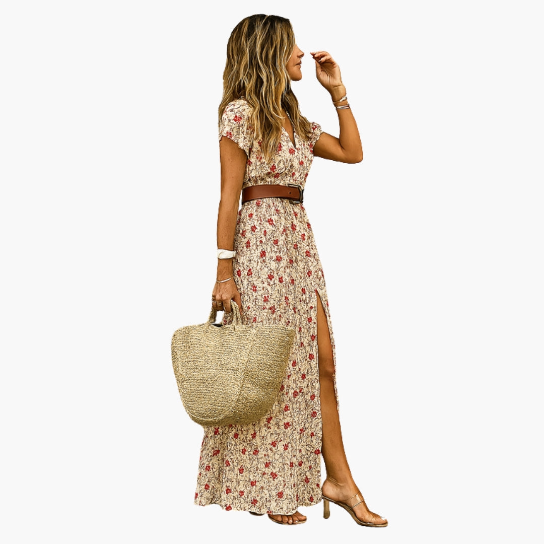 Women's Maxi Dress with V-Neckline and Belt