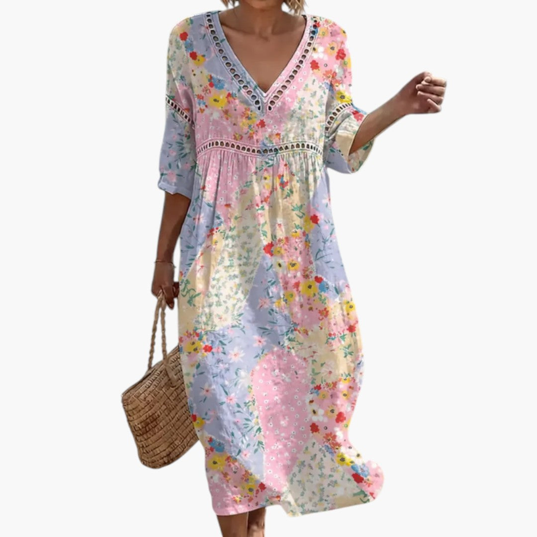 Women's Maxi Dress with V-Neck and Mid-Length Sleeves