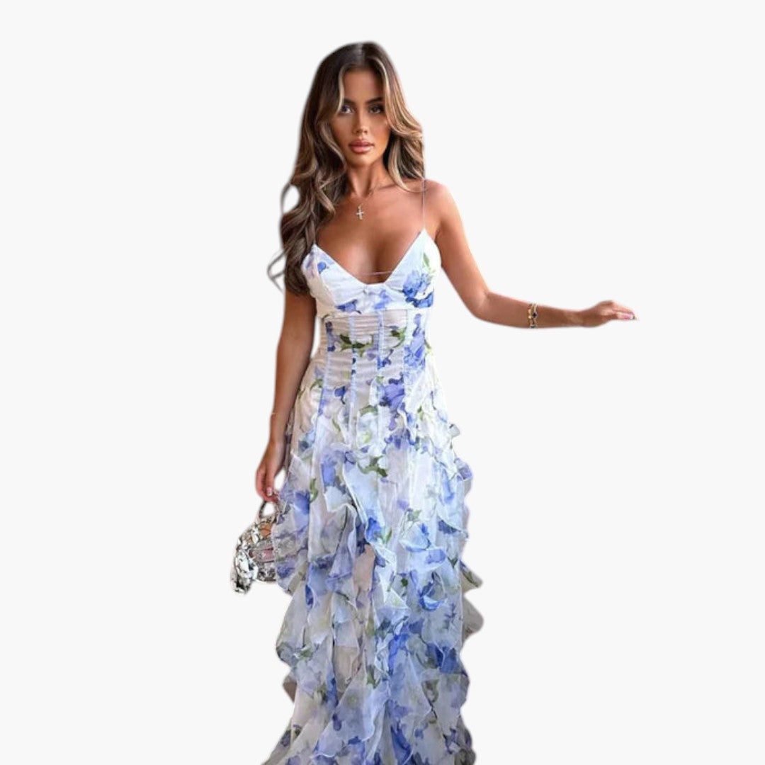 Women's Maxi Dress with Ruffles and Floral Pattern