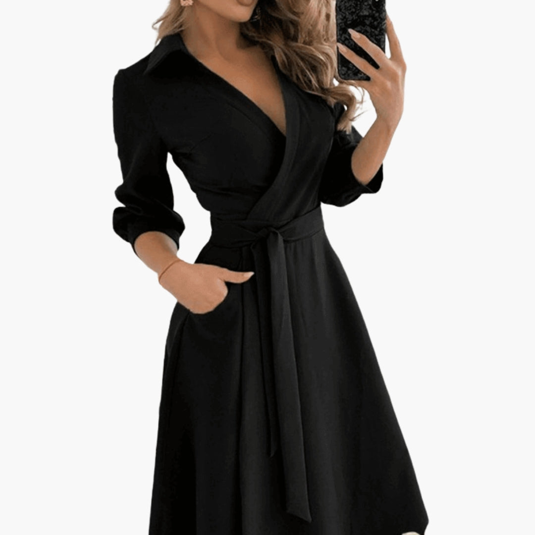 Women's Mid-Length Dress with Flared Cut and Turn-Down Collar