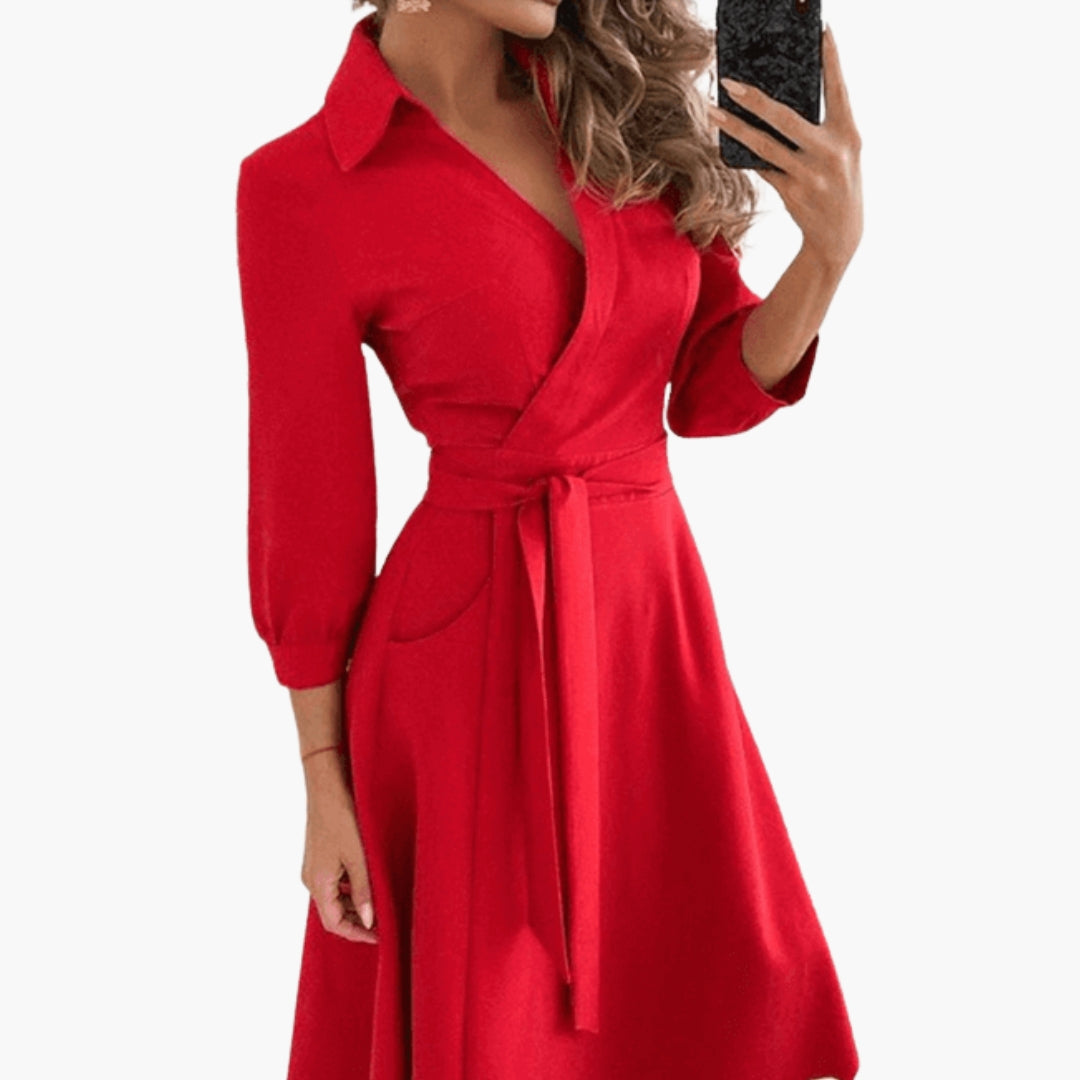 Women's Mid-Length Dress with Flared Cut and Turn-Down Collar