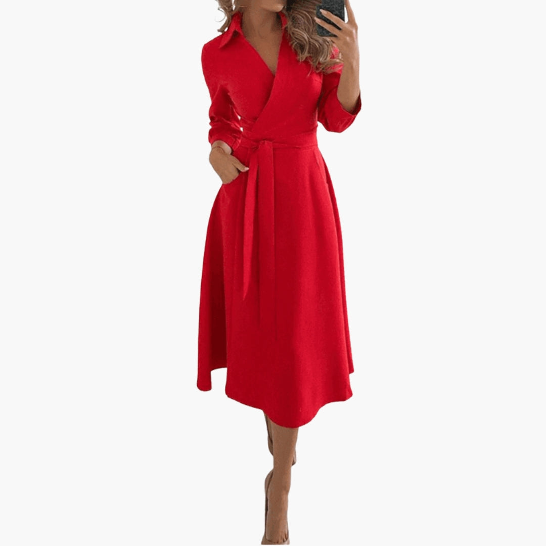 Women's Mid-Length Dress with Flared Cut and Turn-Down Collar