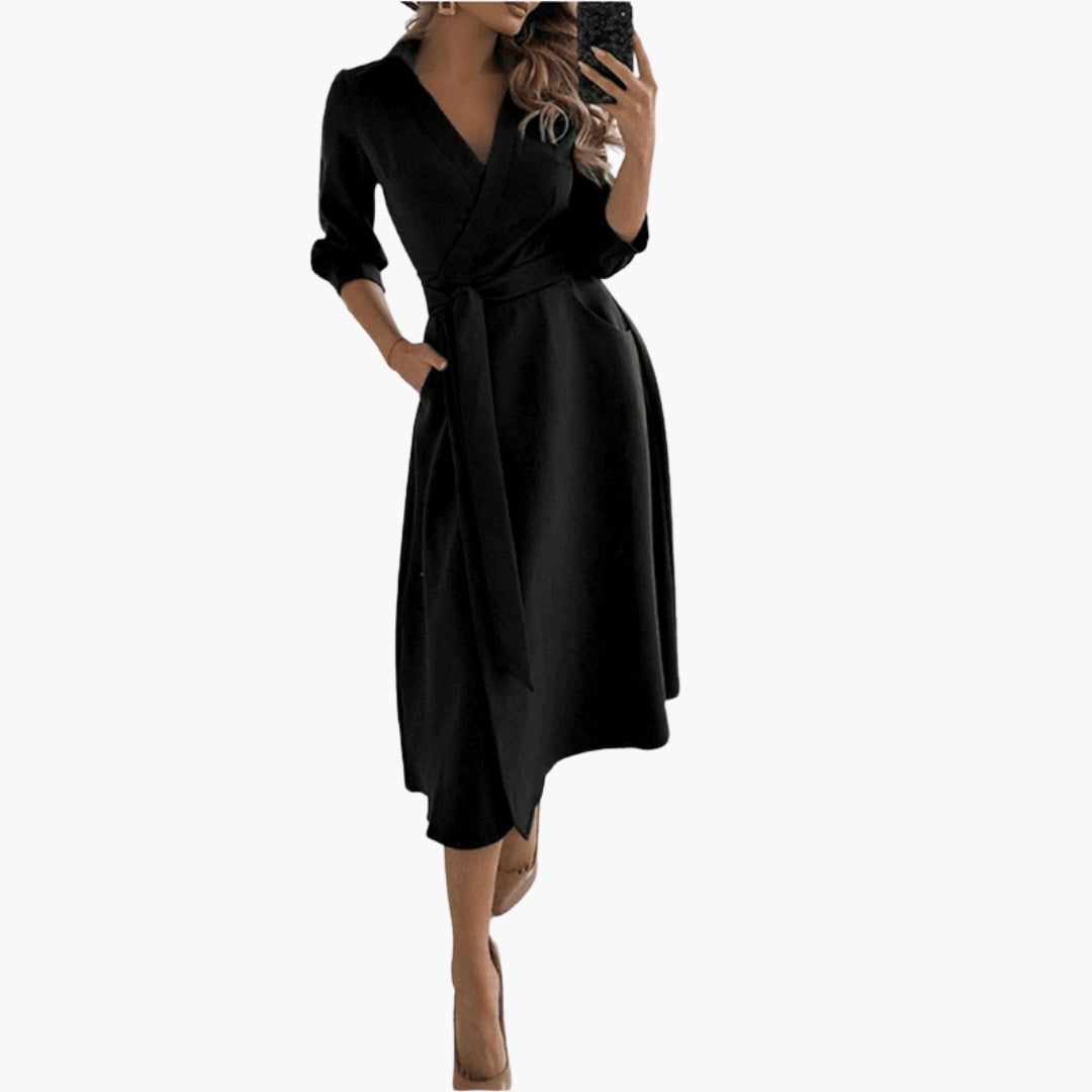 Women's Mid-Length Dress with Flared Cut and Turn-Down Collar
