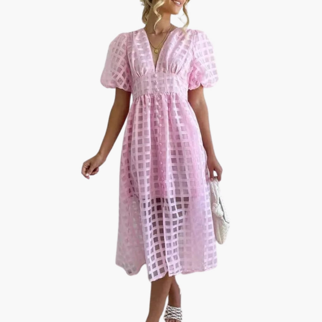 Midi Dress for Women with Checkered Pattern and Puff Sleeves