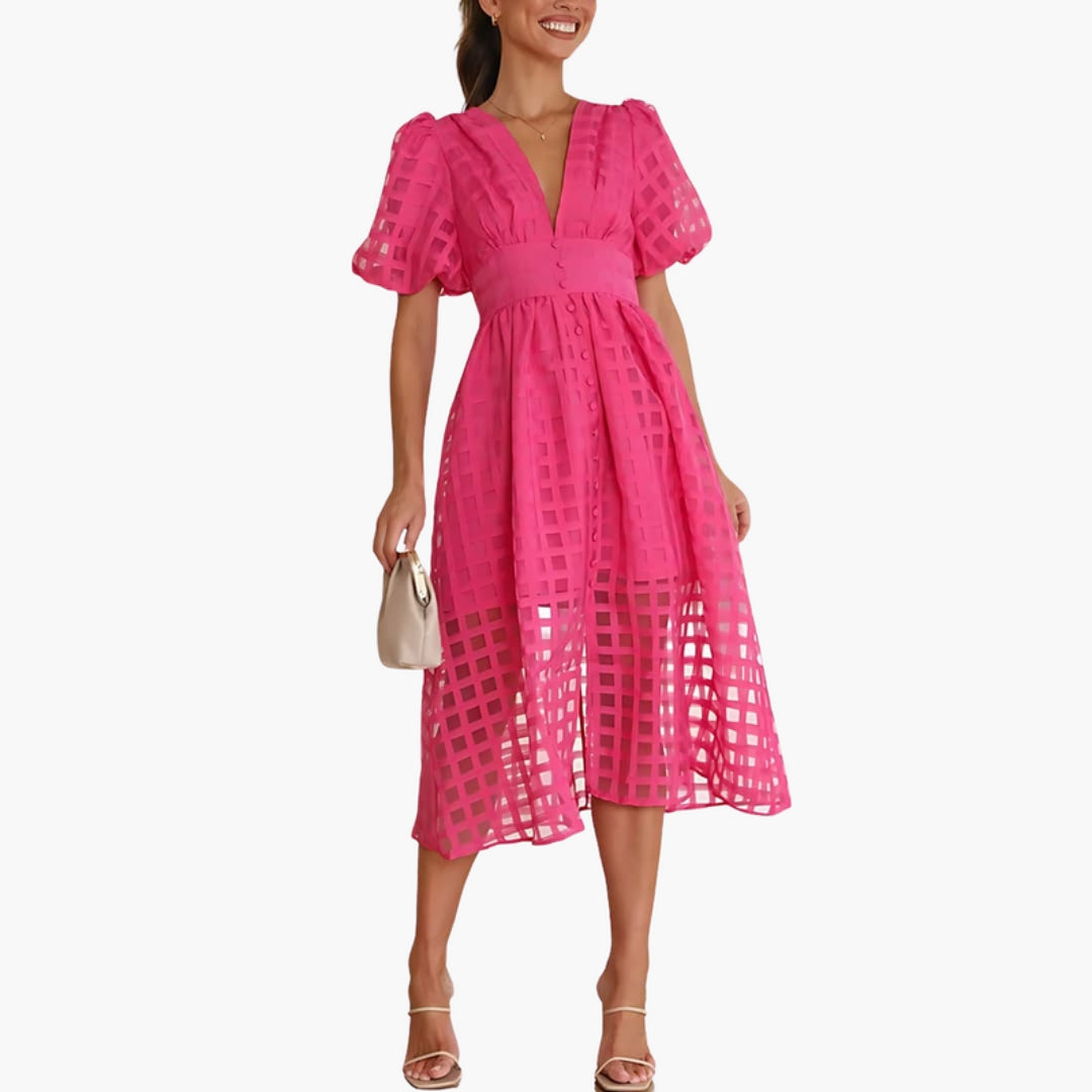 Midi Dress for Women with Checkered Pattern and Puff Sleeves