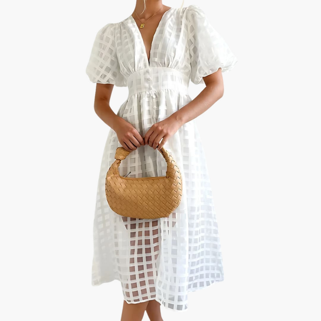 Midi Dress for Women with Checkered Pattern and Puff Sleeves