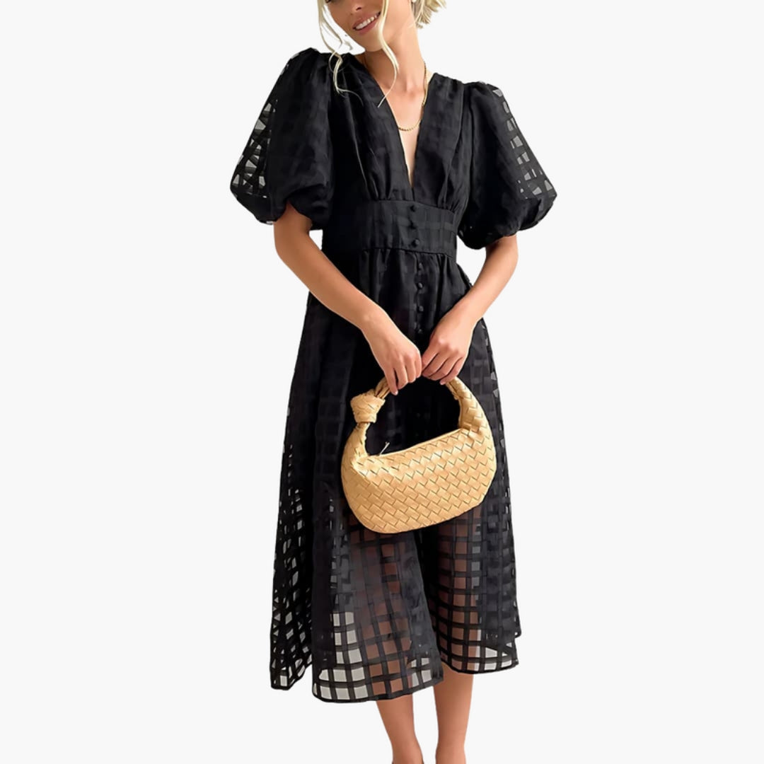 Midi Dress for Women with Checkered Pattern and Puff Sleeves