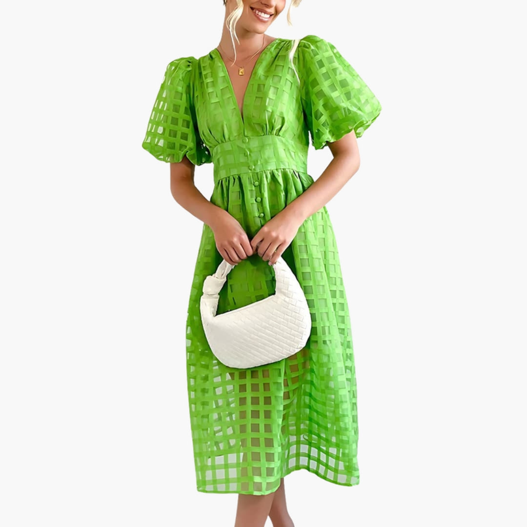 Midi Dress for Women with Checkered Pattern and Puff Sleeves